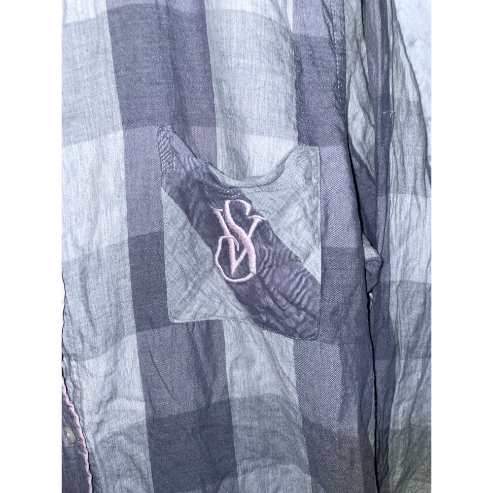 Victoria Secret Sleep Shirt Flannel long gown womens L Gray plaid Button Front - Picture 2 of 7